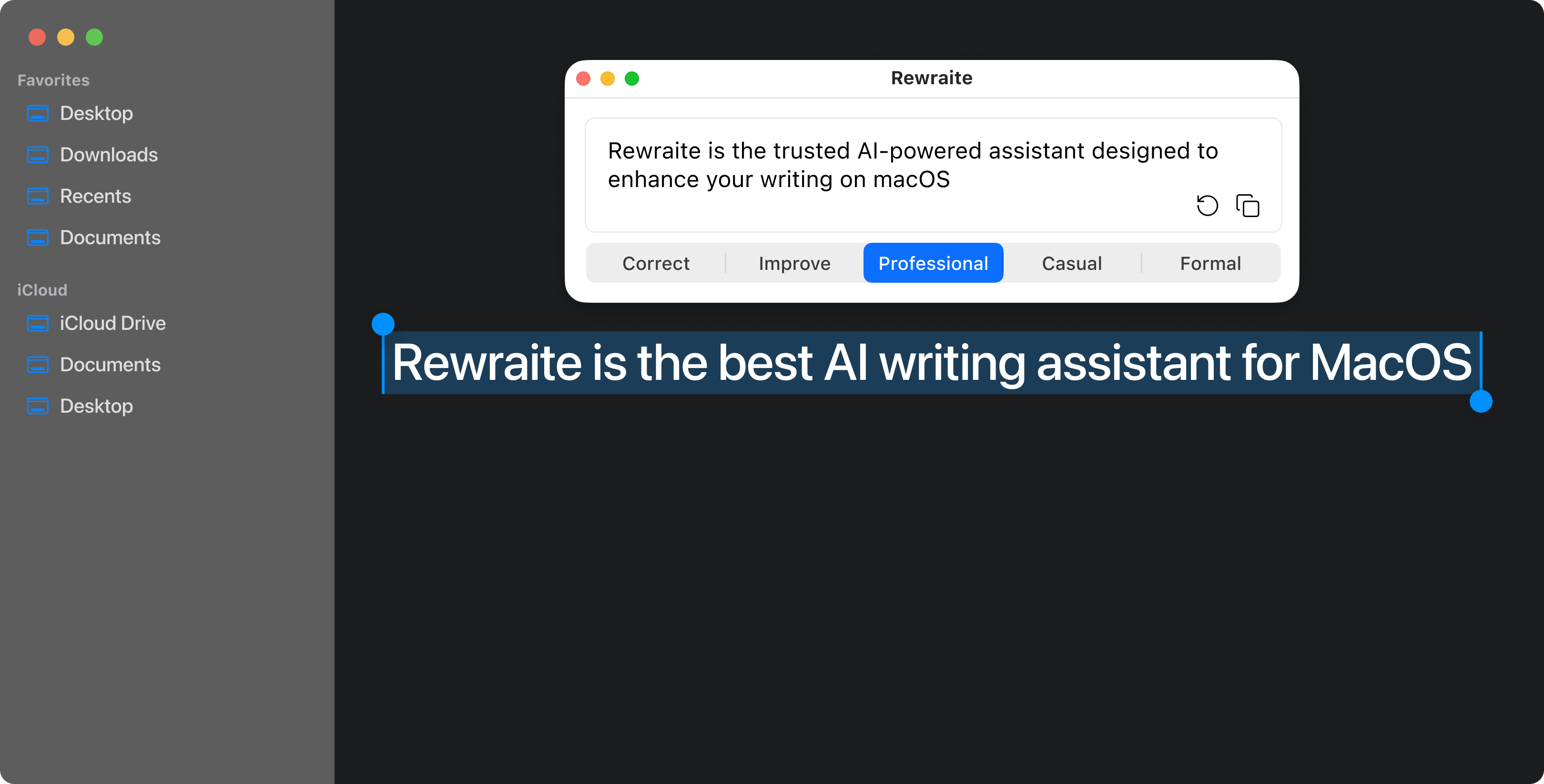 Rewraite AI text assistant interface showing grammar fixes and rephrasing